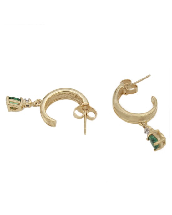 Emerald and Diamond Drop Semi Hoop Earrings in Yellow Gold
